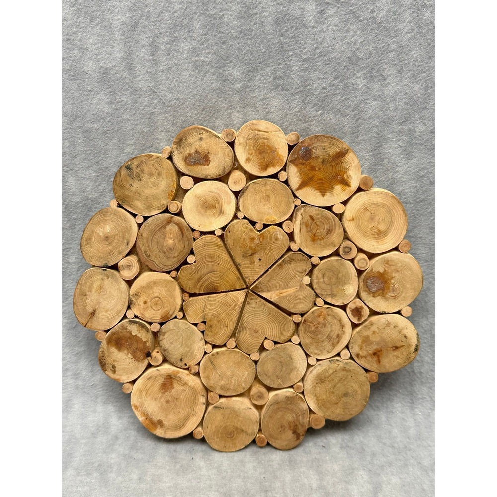 Handcrafted Wood Slice Trivet 8 in Brown Excellent Rustic Heart Motif Hot Pad
